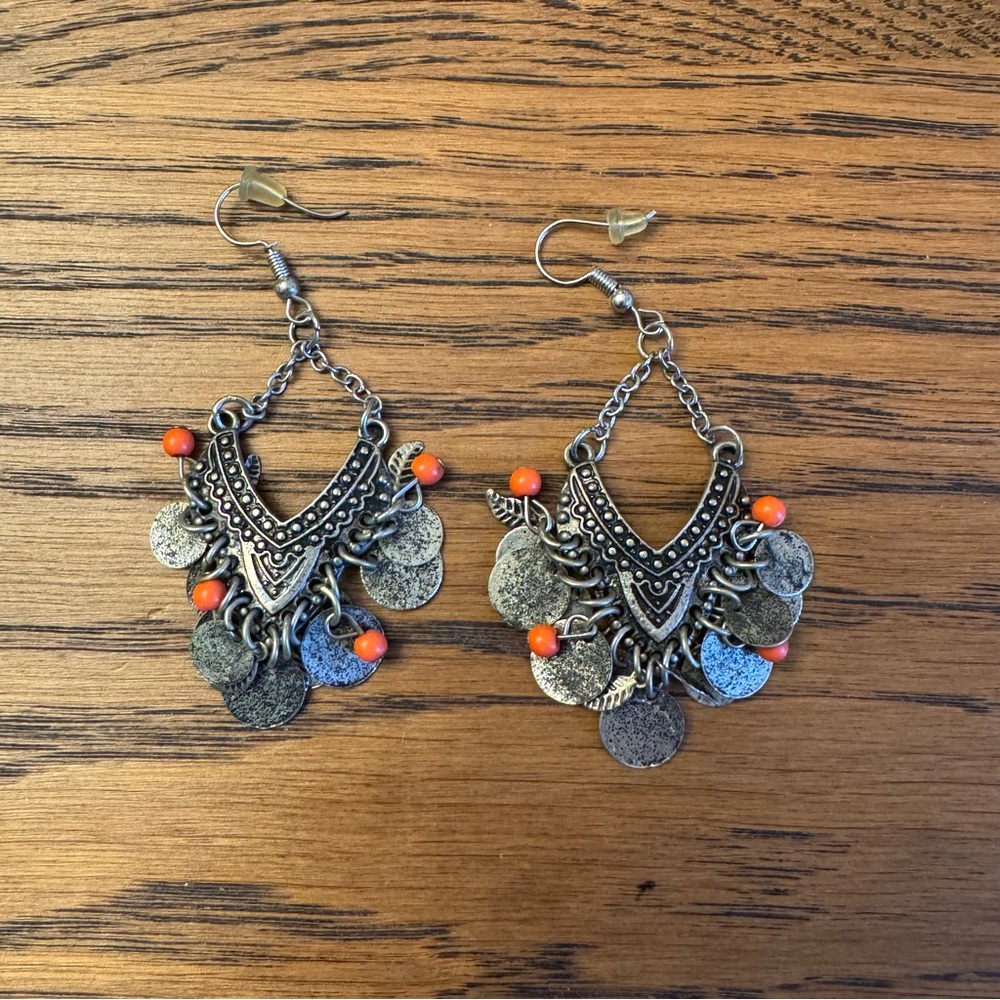 Western Vintage Style Silver‎ and Orange Chandelier Earrings Dangle Cosmetic